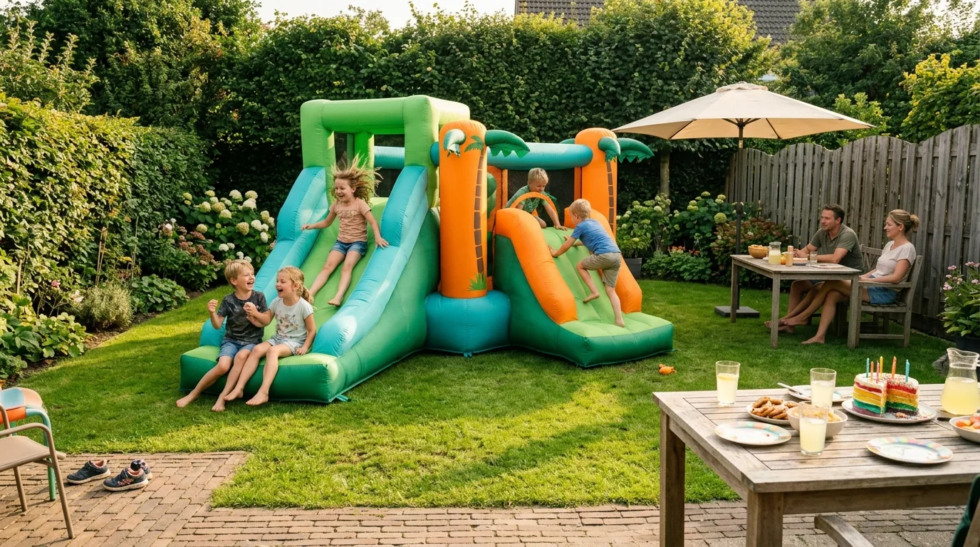 Gezin op een groot springkussen tijdens een zonnige middag, kinderen spelen en ouders kijken toe