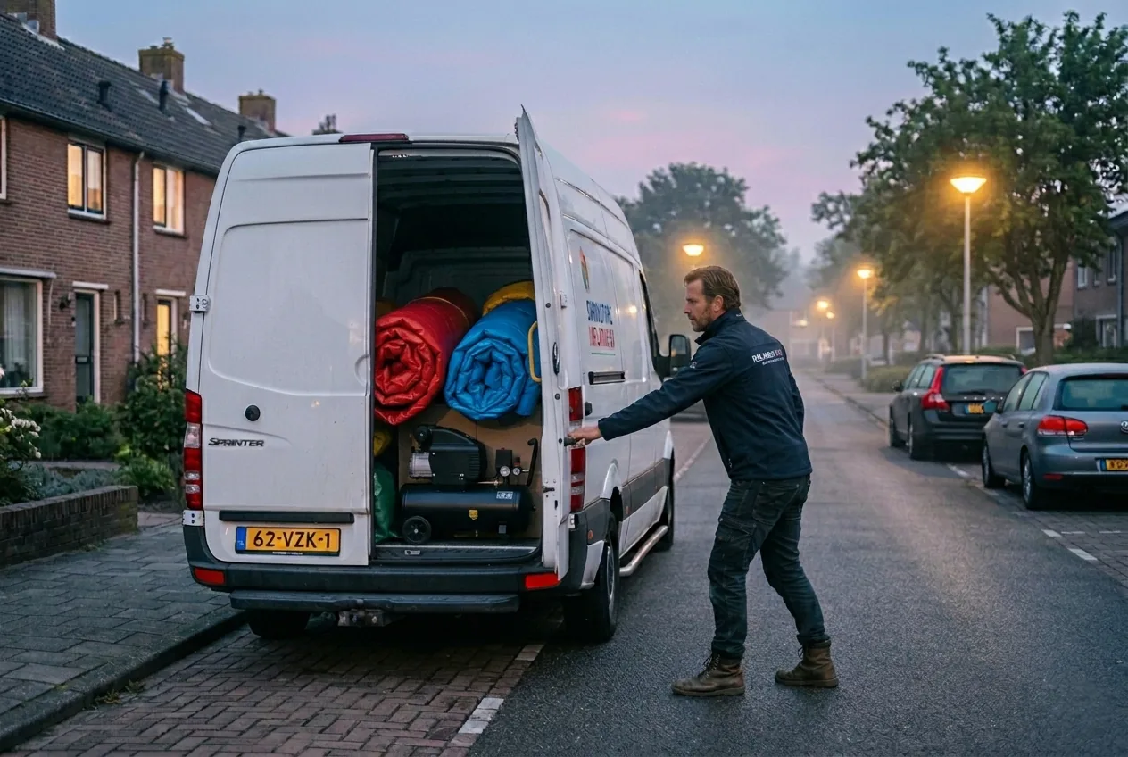 Bezorger laadt opgerolde springkussens in een bestelbus tijdens de avondschemering